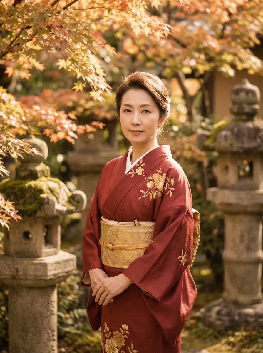 一位身穿暗红色和服的优雅 女神视频-精彩美女视频秀|免费视频每日更新 在日式庭院中